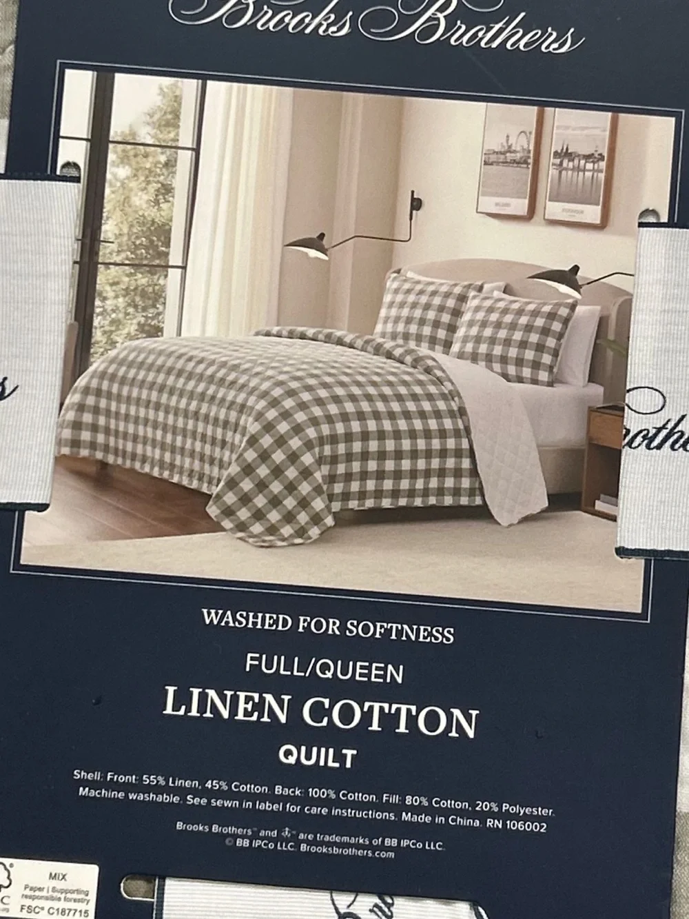 Brooks Brothers Full/Queen Linen Cotton Green and White Plaid Quilt 88”x92”